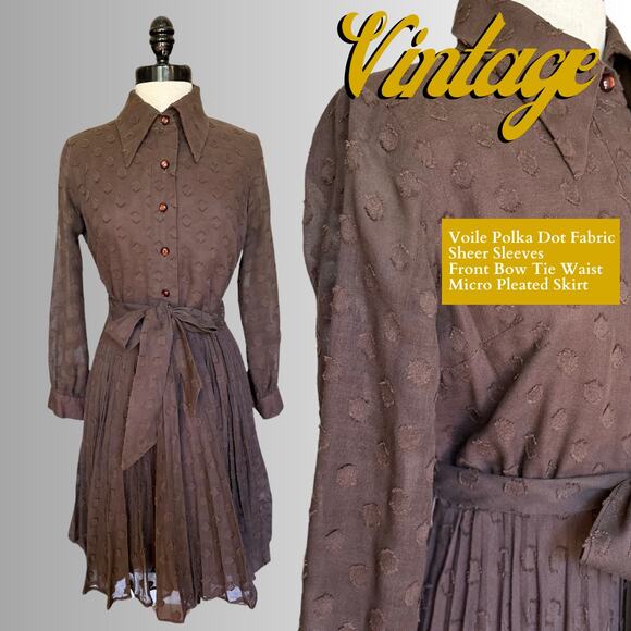 Vintage 60s Brown Voile Pleated Dress Mod Groovy Indie Alternative Punk Festival - Picture 1 of 14